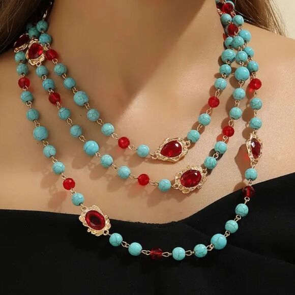 ✨ 🆕 ✨ BoHo Vintage Vibrant Blue and Red Long-Strand Necklace✨ - Picture 1 of 14